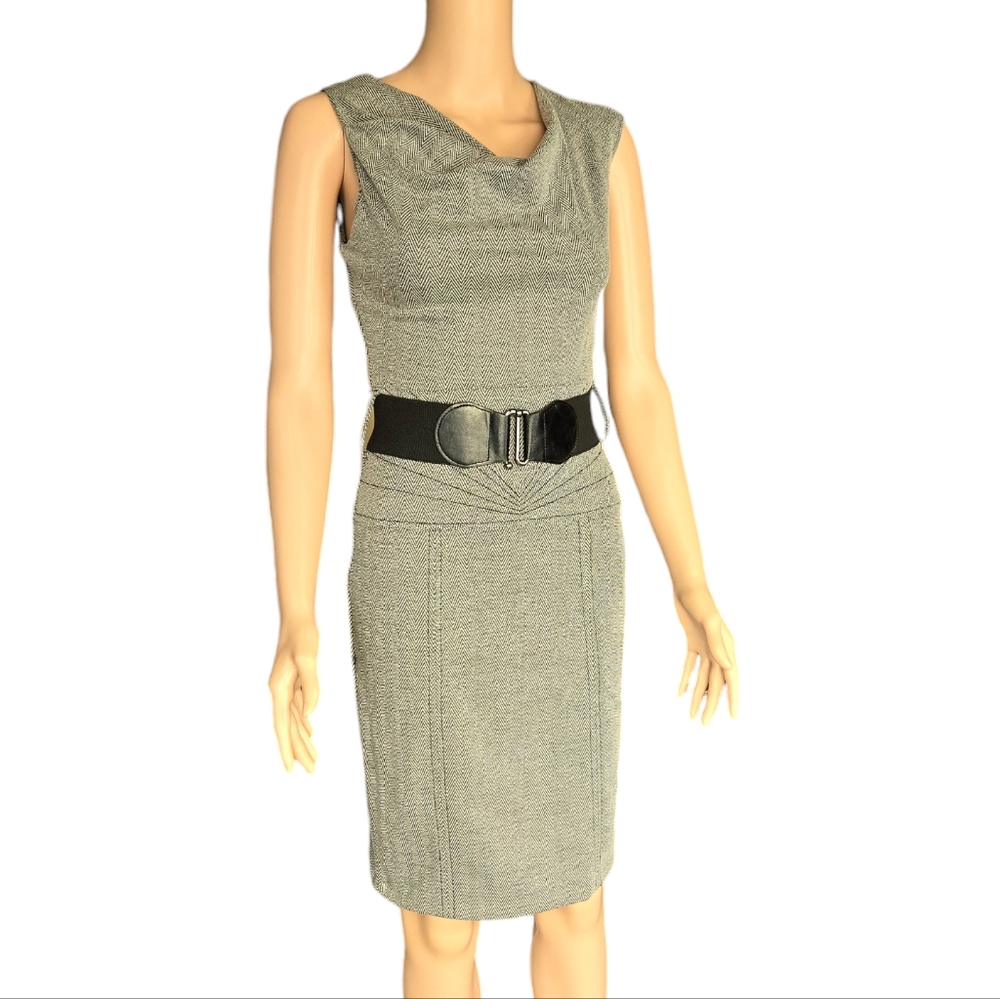 XOXO Vintage Belted Black White Grey Sheath Dress Size 1/2 Herringbone design
